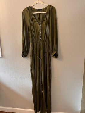 Zara 3/4 Sleeve Satin Effect Jumpsuit with Wide Pleated Pant Legs